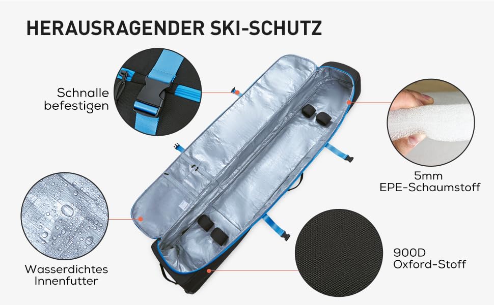 TOURIT Набір для перевезення лиж та черевиків: валіза для лиж на 2 пари (195 см), водонепроникний матеріал 900D Oxford, з колесами, сірий