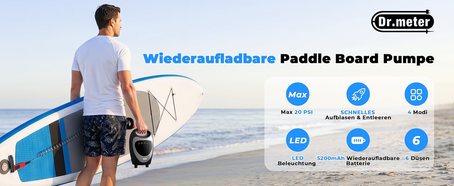 Насос електричний для SUP дощок Dr.meter 20 PSI з акумулятором 5200mAh, LED підсвіткою, для каяків, човнів, кайтсерфінгу