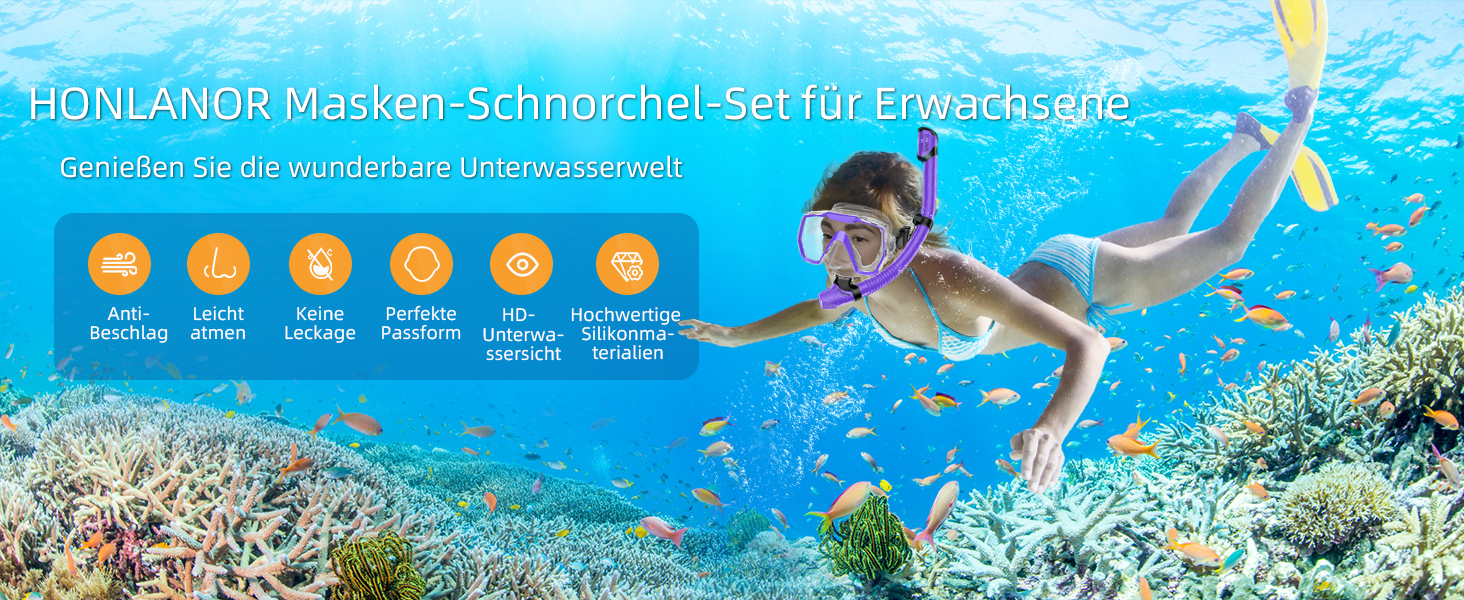 Набір для снорклінгу для дорослих: маска, трубка з антизахистом від запотівання, фіолетовий