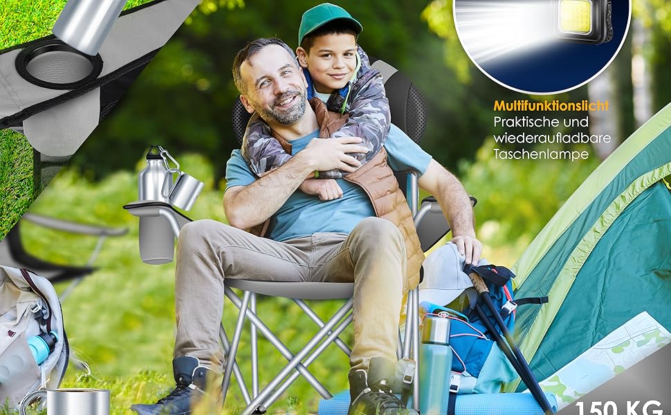 Крісло для кемпінгу KESSER® з підлокітниками, високою спинкою, місткістю до 150 кг, сіре/чорне, з підсвіткою та тримачем для напоїв