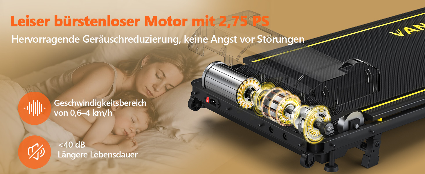 Walking Pad VANNECT - компактний біговий тренажер для дому з регулюванням нахилу, LED-дисплеєм та пультом керування. Максимальне навантаження 150 кг, потужність 2.75HP, жовтий. Без збирання.