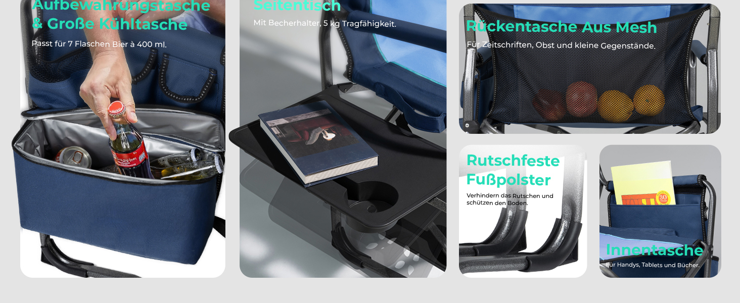 Крісло для кемпінгу OVERMONT: складне, з бічним столиком та сумкою-холодильником, до 180 кг, блакитне