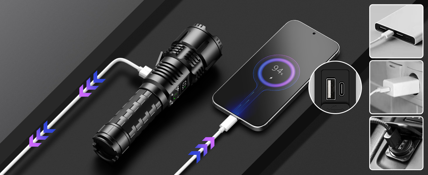 Ліхтар Jayxinli 500000 Люмен, акумуляторний, надпотужний, з регулюванням фокусу, 3 режими, тактичний, для кемпінгу, надзвичайних ситуацій та повсякденного використання, чорний