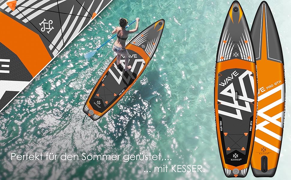 Набір надувних SUP дошок KESSER PRO GTX з насосом високого тиску преміум-класу Сумка для транспортування Дошка для веслування 320x76x15см 10,6 350x78x15 см 11,06 Кронштейн для кулачків Дошка для серфінгу товщиною 6 дюймів 150 кг 320 см помаранчева