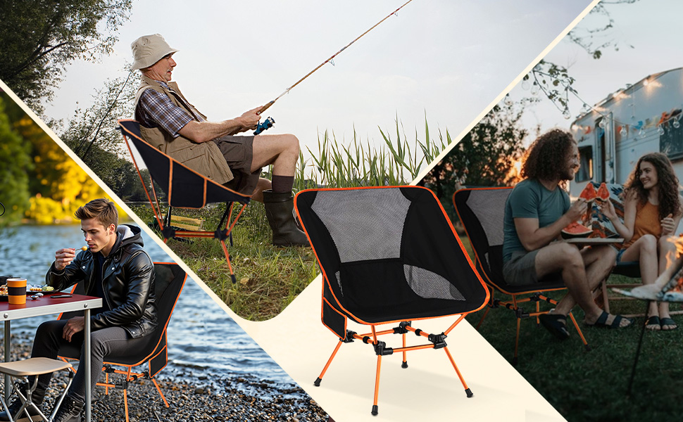 Складний туристичний стілець для кемпінгу з сіткою та кишенями, вантажопідйомність 150 кг, оранжевий