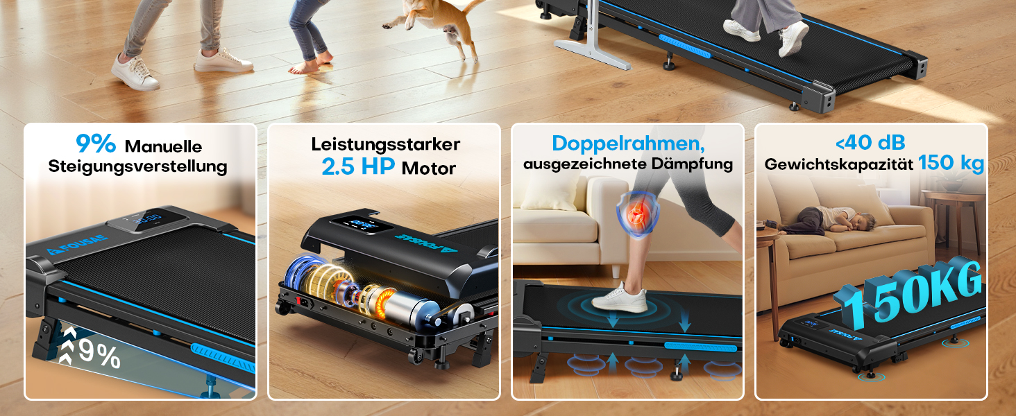 Walking Pad FOUSAE: Бігова доріжка для дому з регулюванням нахилу до 9%, потужність 2.5HP, LED-дисплей, керування з пульта та через додаток, подвійне амортизація, до 150 кг