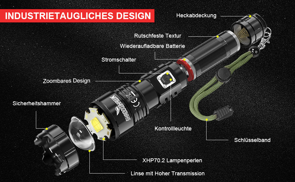Ліхтарик LED Shadowhawk: надпотужний, 1000000 люмен, USB-зарядка, XHP70.2, тактичний, IP67, 5 режимів, Zoom, для кемпінгу, походів, надзвичайних ситуацій, чорний