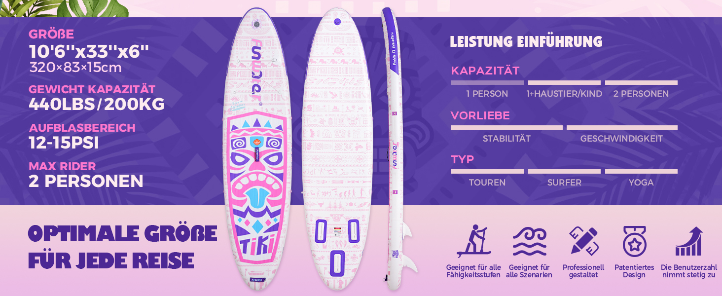 Надувний SUP Борд FunWater 10'6'-11'6' – для початківців та сімей, з антиковзким EVA-деком, веслом, насосом та аксесуарами (10'6-TIKI-Pink/Violett/Weiß)