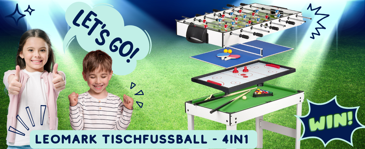Leomark Multigame дерев'яний ігровий стіл 4в1 - пінг-понг, більярд, хокей, футбол. З аксесуарами, від 8 років