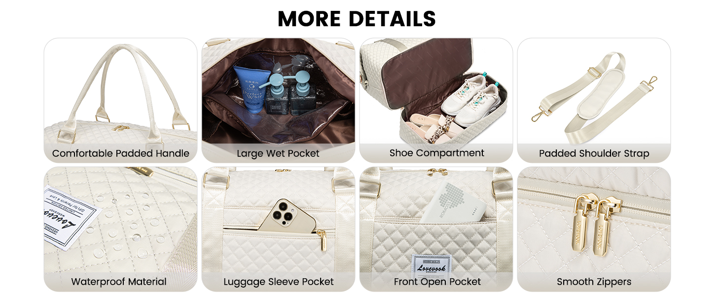 Спортивна сумка LOVEVOOK для жінок: велика дорожня сумка-мішок з косметичкою, відділенням для взуття та мокрих речей. Ідеальна для подорожей, клініки, пологів, вихідних. Водостійка сумка ручної поклажі для літака. 2 шт. Бежевий колір.