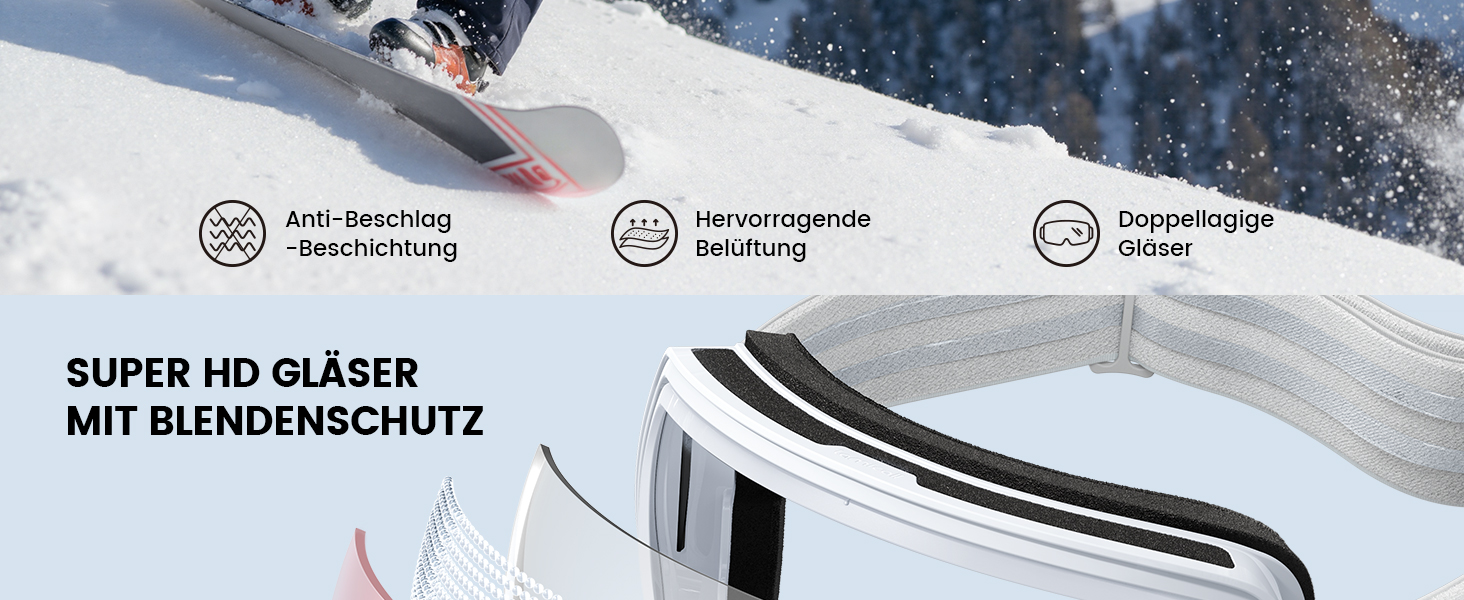 Ламмікал - Скі-маска для чоловіків та жінок, сноуборд маска з OTG - [Ultra HD, широке поле зору] - Анти-туманна скі маска для людей у окулярах, дзеркальна сноуборд маска, скі маска UV400 з захистом від відблисків (Покращена - біла рама - рожевий колір (VLT: 28%))