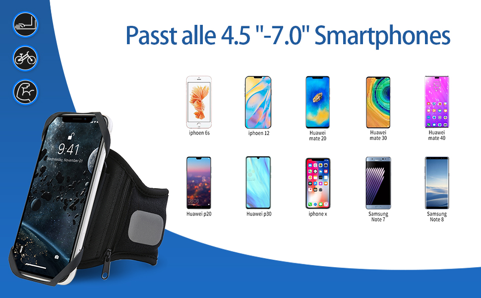 Спортивний браслет для телефону, кріплення на руку для бігу та велосипеда, універсальний тримач для смартфонів 4.5''-7'', 360° обертання, знімний, сумісний з Running, Fahrrad (Чорний - Upgrade)