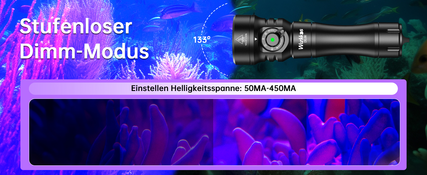 Ліхтар підводний Wurkkos DL08 – 3600 люмен, IPX8, з червоним та UV світлом, регулювання потужності, режими Spot/Flood, Type-C, CRI 90