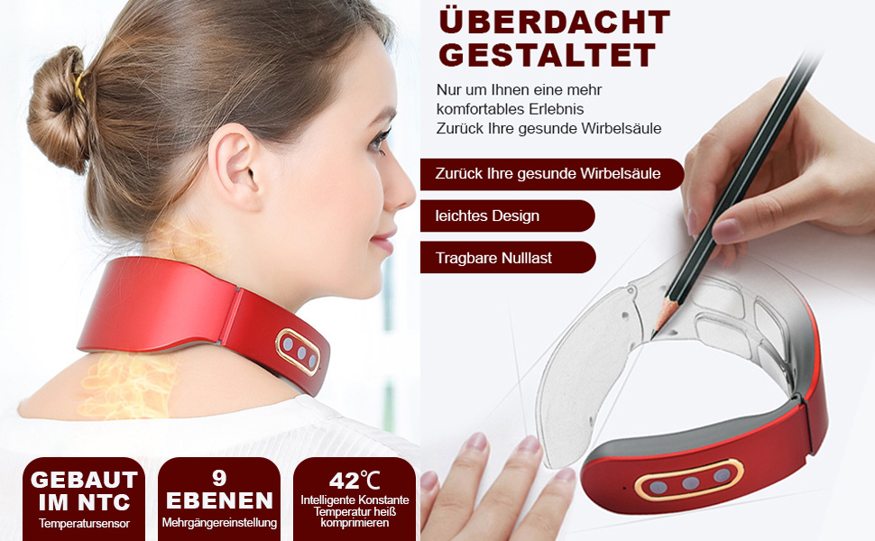 Масажер для шиї Neurotex Lefaya Nurotex 11-в-1: бездротовий, з підігрівом 42°C, 9 рівнів інтенсивності та 6 режимів, електричні імпульси проти болю та напруги (червоний)