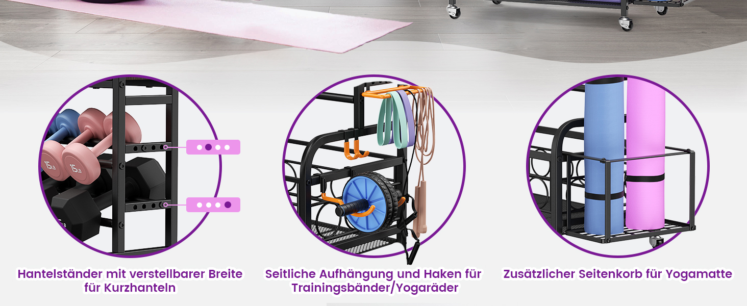 Стойка для гантелей, багаторівнева, з роликами та гачками, для гантелей, йога-матів, фасцій та гир, чорна, для дому