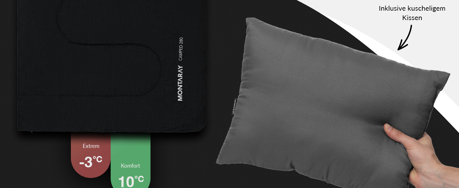 Спальний мішок туристичний, 100% бавовна, до -3°C з подушкою. Підходить для жінок та чоловіків. Розмір 75x190 см, 3-4 сезони, теплий, чорний.