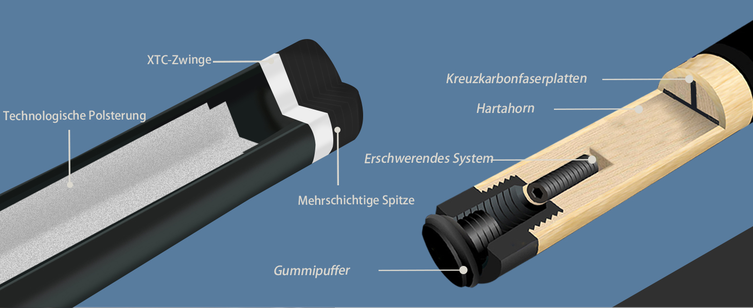 KONLLEN Billardqueue з карбону, 58 дюймів, професійний бик для дорослих, технологія Vollcarbon, низький коефіцієнт відхилення, бик для більярду з наконечником 12,5 мм (Pro Taper, ультрагладкий) KL-09