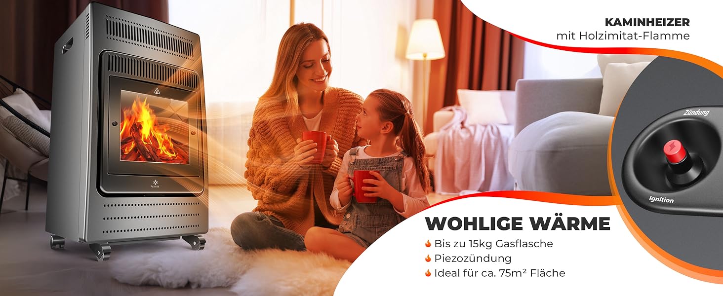 Газовий обігрівач KESSER®: газовий камін-піч, інфрачервоний нагрівач 3,4 кВт, 2 режими, з газовим редуктором та шлангом, для бутану/пропану до 11 кг, антрацит