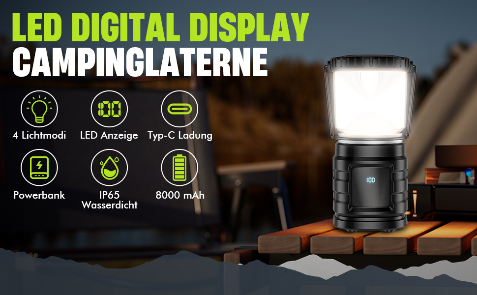 LED кемпінговий ліхтар на акумуляторі 8000mAh, 1000 люмен, з індикатором заряду, 4 режими світла, водонепроникний IP65, USB-C, для кемпінгу, туризму, риболовлі, SOS, модель M2