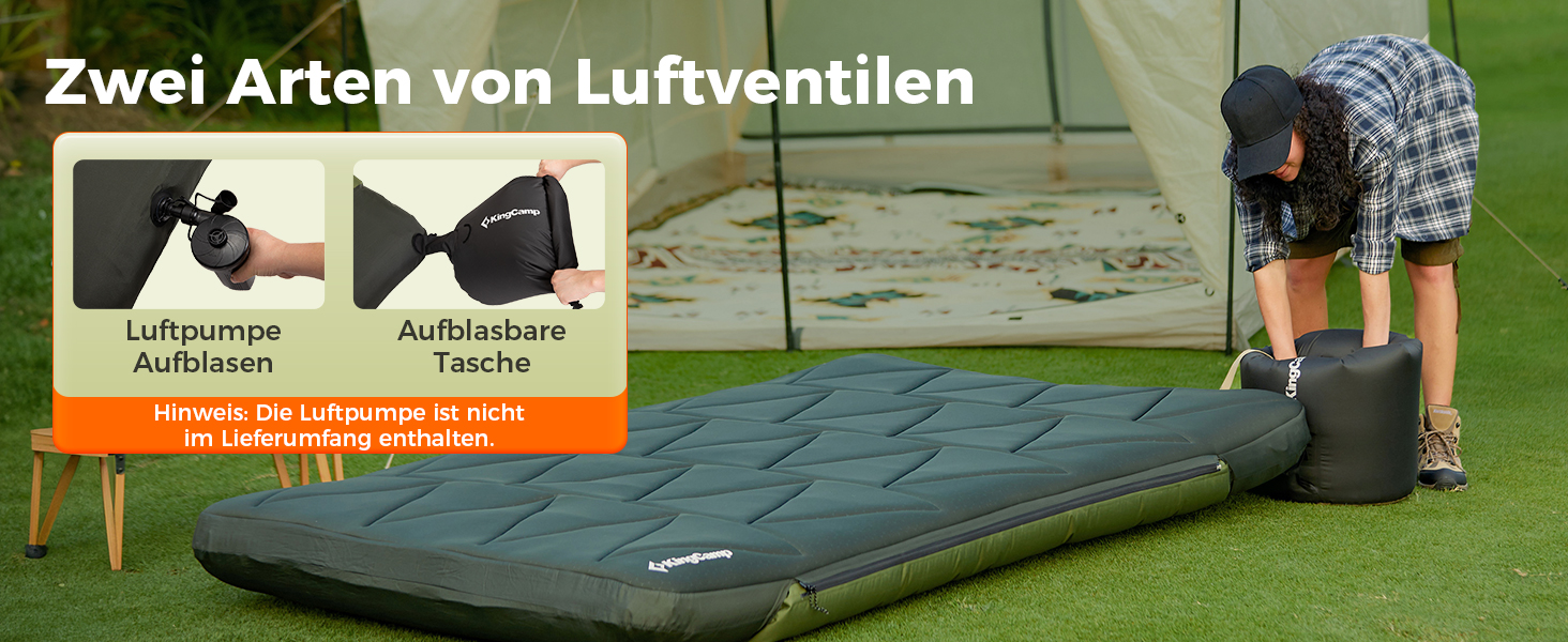 KingCamp килимок для кемпінгу 10см з Memory Foam R4.9, 4-сезонний надувний килимок, швидко надувається (90 сек), для подорожей, автокемпінгу (подвійний, зелений)