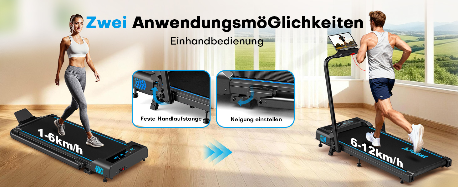 Біговий тренажер для дому 5-в-1, 12 км/год, складаний, з підйомом 9%, 2.75HP безщітковий мотор, LED-дисплей, сумісність з додатком, 12 програм, чорно-синій, 5-в-1