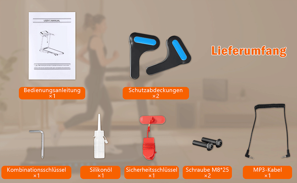 Бігова доріжка для дому Klappbares Laufband з нахилом 8%, до 14 км/год, 3.0 к.с., LED-дисплей, Bluetooth, до 120 кг (Чорна, 125x62x106 см)
