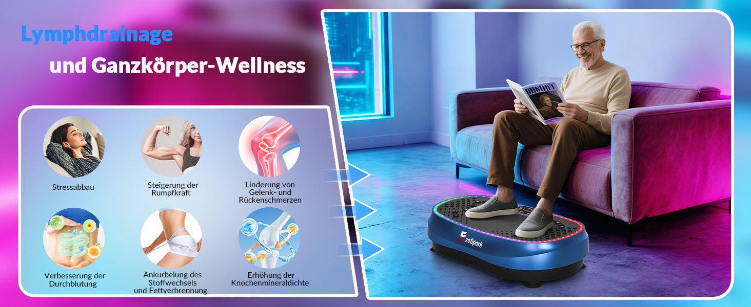 Вібраційна платформа для дому: 6+1 режимів тренувань, 199 швидкостей, 200W двигун, LED-підсвітка (темно-синій)