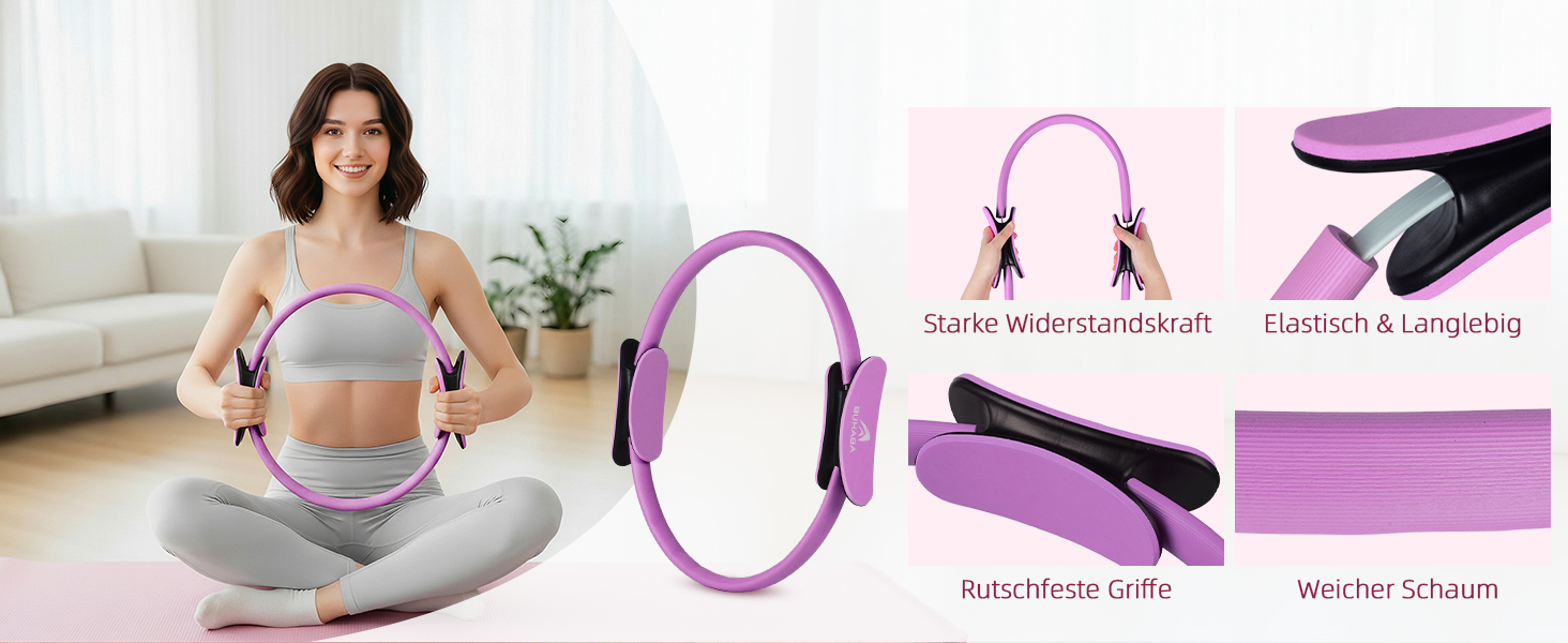 Набір для пілатесу Abahub: кільце 35см, м'яч 25см, 5 еластичних стрічок, шкарпетки для йоги, ковзаючі диски. Для жінок, домашні тренування, сила, гнучкість, стабільність та підтяжка тіла (фіолетовий)