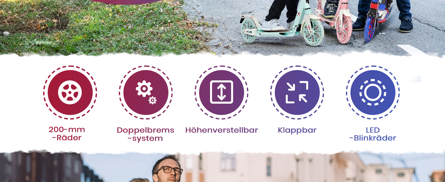 Самокат трюковий Kickscooter LED-синій, для дітей 8-12 років та дорослих, колеса 200 мм, дискові гальма, складаний, з ременем та подвійною амортизацією