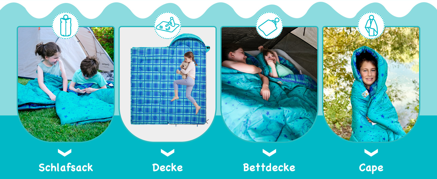 Сплячий мішок KingCamp для дітей, фланелевий, легкий, водонепроникний, компактний, зимовий, 4 сезони, для кемпінгу, підходить для дітей до 140 см, комфортна температура: 7°C, регульована довжина
