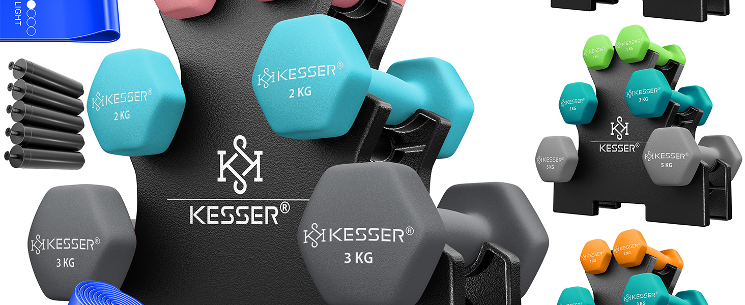 Набір гантелей KESSER® 18 кг з підставкою, 3 пари (1-5 кг), неслизьке неопренове покриття, з інструкцією та фітнес-гумками