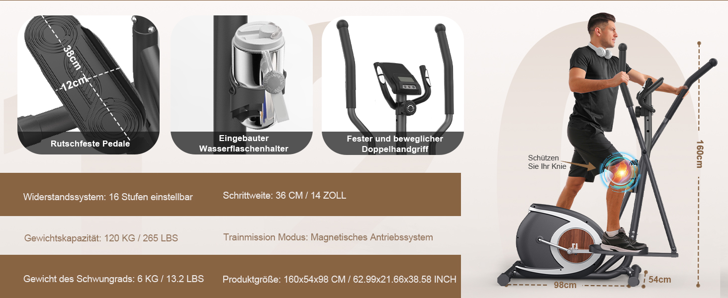 Еліптичний тренажер Crosstrainer для дому з 16 рівнями опору, 6 кг маховиком, LCD-монітором, неслизькими педалями та тримачем для пляшок. Чорний колір.