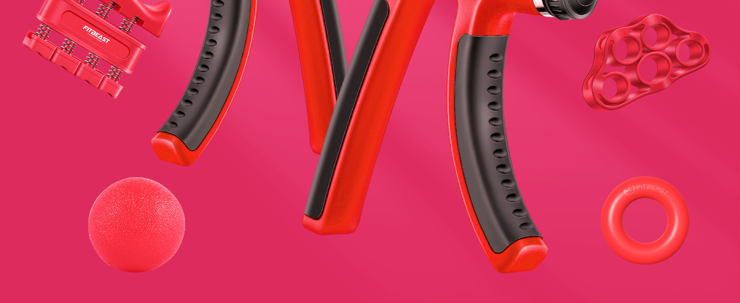 FitBeast Тренажер для рук та пальців 5 в 1: набір для силових тренувань, підтримка зап'ястя, зняття стресу (червоний)
