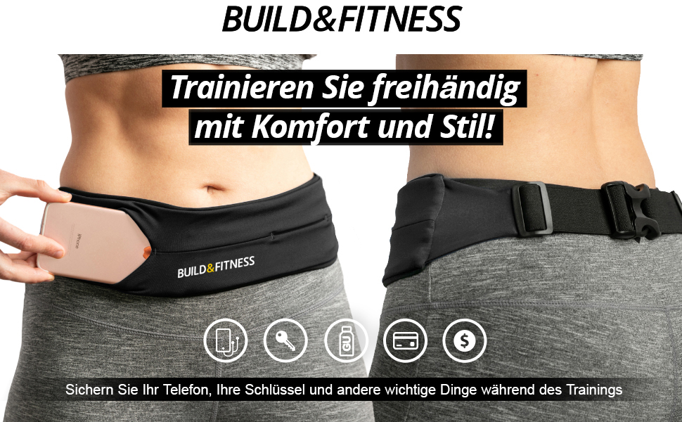 Сумка-пояс для бігу та фітнесу Build & Fitness з регульованим поясом, тримачем для ключів, чорна (60-122 см)