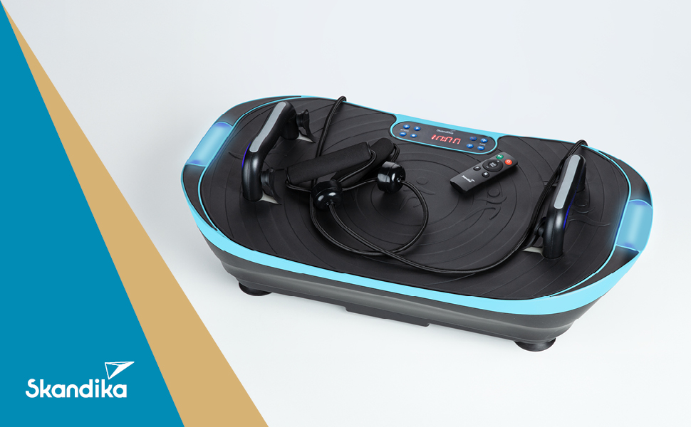 Вібраційна платформа Skandika V2 | Тренувальні ручки та стрічки, Оздоблювальна вібрація, Вигнутий дизайн, Тихий мотор, 99 рівнів, LCD-дисплей | Спортивний комплекс для дому Skandika блакитно-чорний