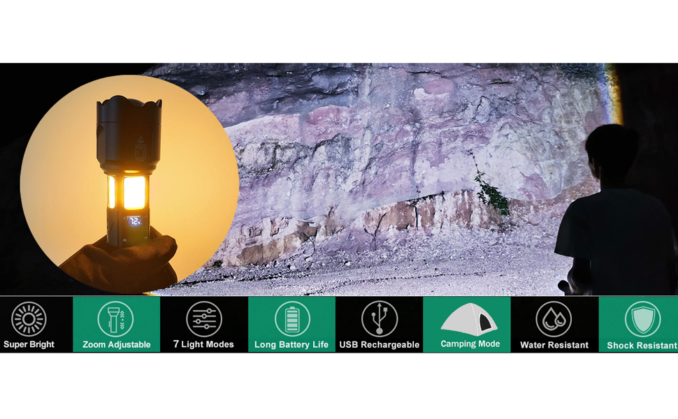 Ліхтар LED KZK 500000 Люмен, Потужний, Zoom, 360° COB, IP67 Водостійкий, 7 Режимів, для Кемпінгу, Риболовлі, Аварійних Ситуацій, на Відкритому Повітрі