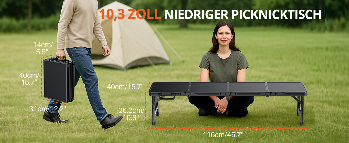 Складний кемпінговий стіл FUNYKICH 116x40x26 см, чорний - алюмінієвий, MDF стільниця, з сумкою для перенесення, для пікніка, пляжу, балкону