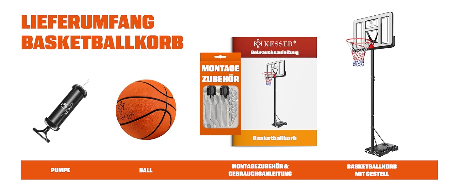 Баскетбольний кошик KESSER® Outdoor зі стійкою та колесами. В комплекті 2 сітки, м'яч та насос. Регульована висота 230-305 см. Підходить для дітей та дорослих.