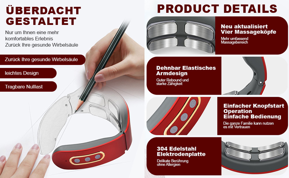 Масажер для шиї Neurotex Lefaya Nurotex 11-в-1: бездротовий, з підігрівом 42°C, 9 рівнів інтенсивності та 6 режимів, електричні імпульси проти болю та напруги (червоний)