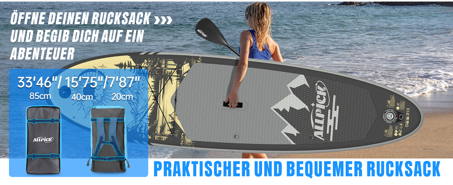 Надувний SUP Борд ALLPICK Premium Set: Комплектація для початківців та професіоналів, камера, аксесуари, регульоване весло, 200 кг, сіро-золотий