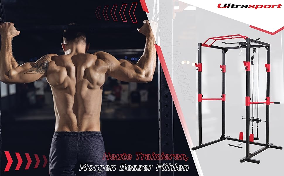 Універсальна силова стійка Ultrasport з набором рукояток – базовий павер рек для домашнього спортзалу, з весловою рукояткою та трицепсовим канатом, для ефективного тренування всього тіла