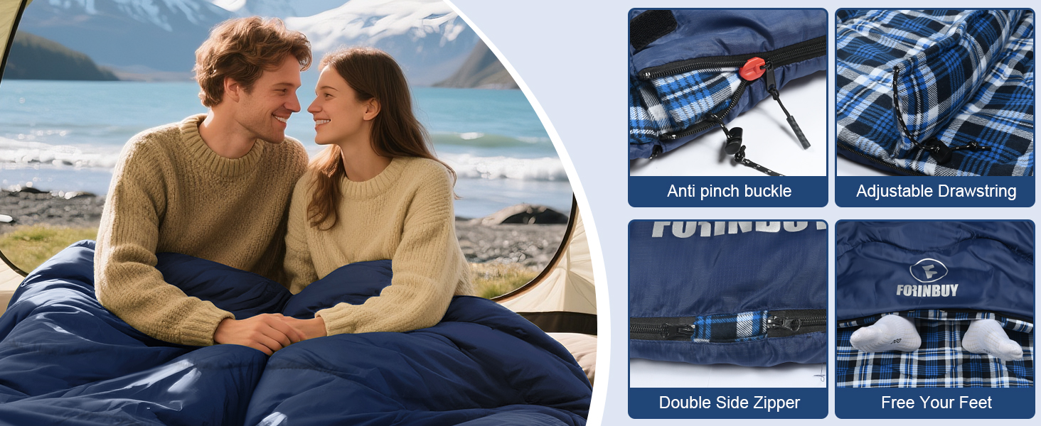 Спальний мішок Baumwolle для двох дорослих, зимовий, водонепроникний, теплий, Queen Size, для кемпінгу та подорожей на автодомі (Блакитний)