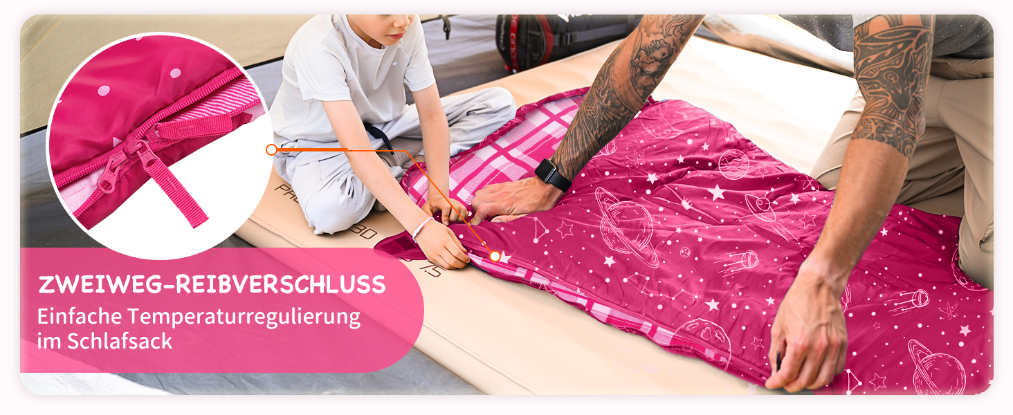 Спальний мішок KingCamp для дітей, фланелевий, легкий, водонепроникний, компактний, зимовий, 4 сезони, для кемпінгу, підходить для дітей до 140 см, комфортна температура: 7°C, рожевий, регульована довжина