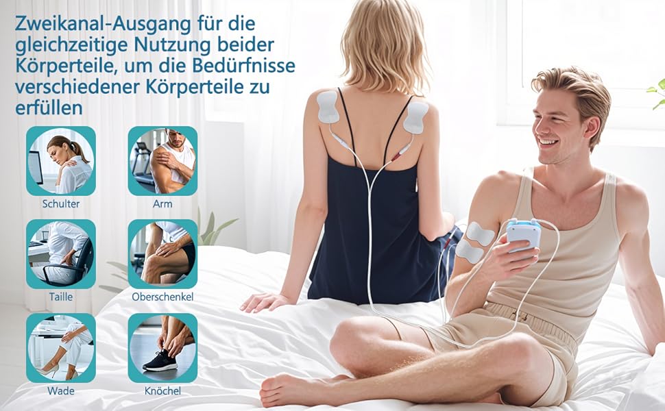 Пристрій TENS для терапії болю, EMS, 2 канали, 25 режимів, 50 рівнів інтенсивності, 10 електродів (синій)