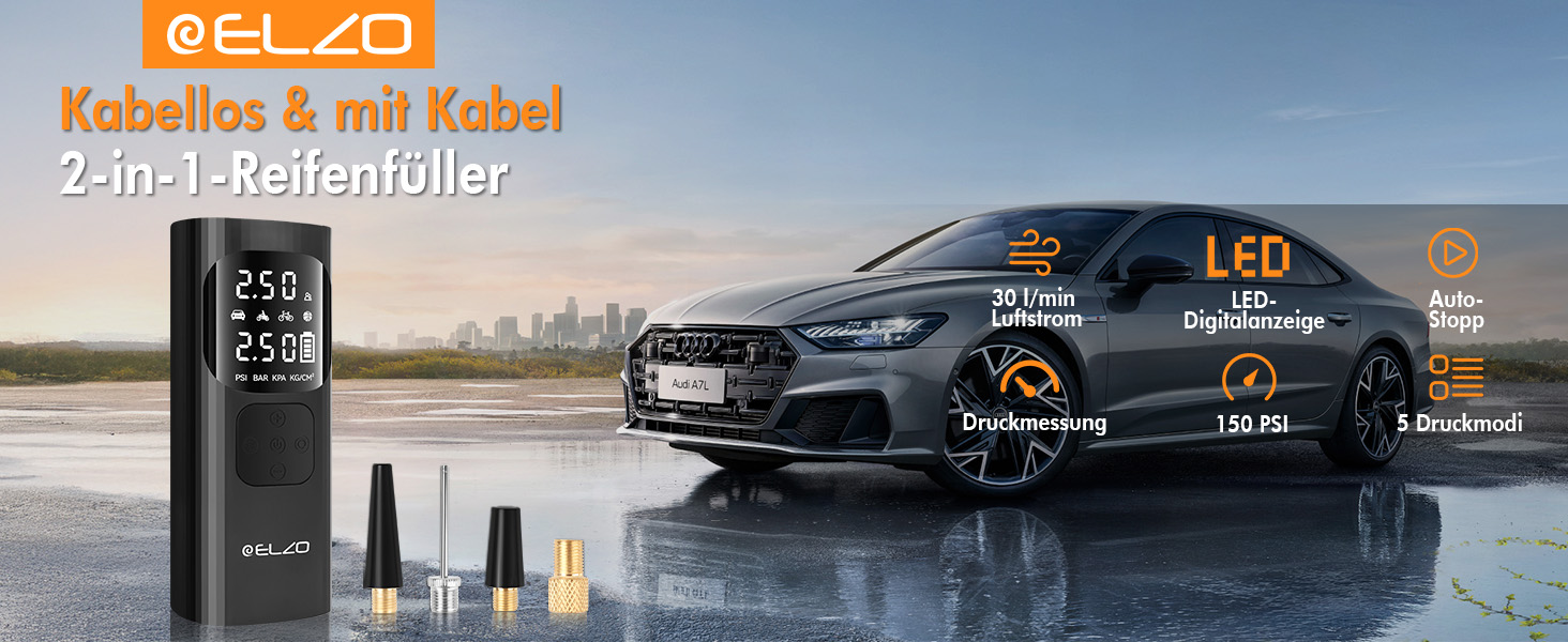 Електричний компресор ELZO для велосипедів, м'ячів та авто: 150 PSI, 7500mAh, LCD-дисплей, автостоп