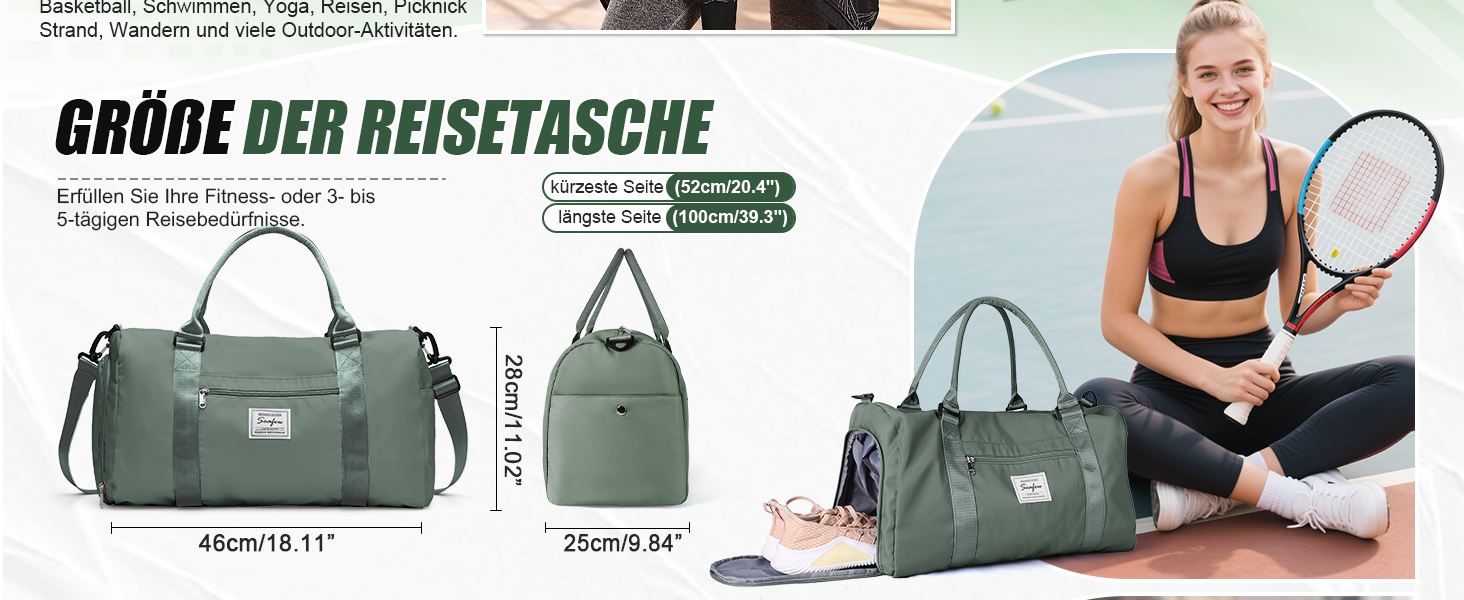 Спортивна сумка HYC00 для жінок та чоловіків: дорожня, для тренувань, з відділенням для мокрого одягу та взуття, армійсько-зелена