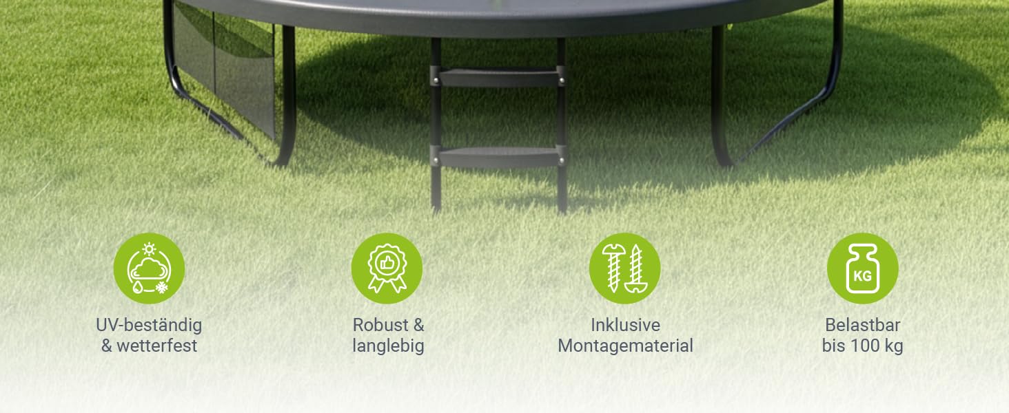 Батут Juskys SkyBounce – Ø 228/305/366 см, Outdoor, з сіткою безпеки, сходами та пружинами PowerSpring