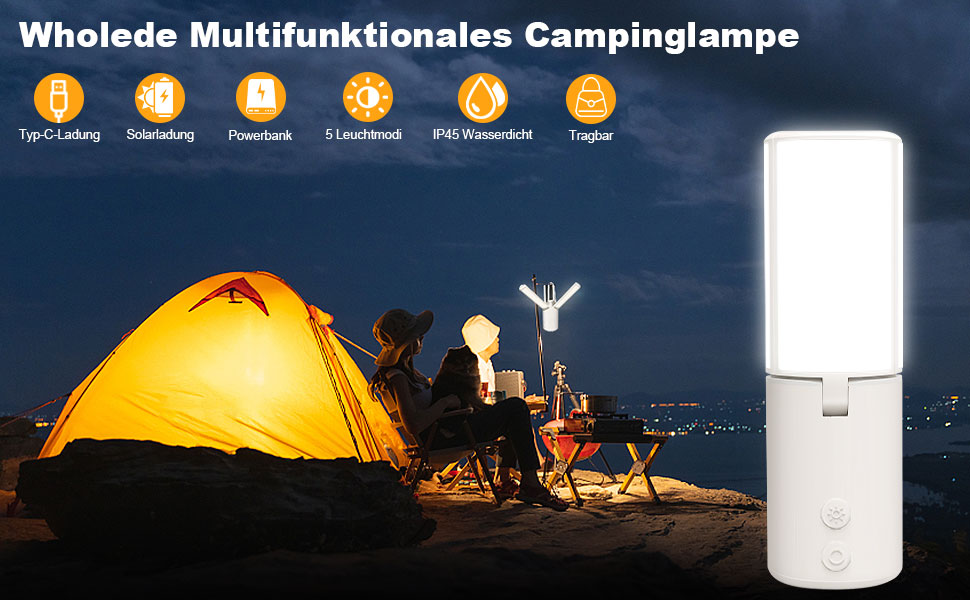 LED кемпінговий ліхтар Wholede 8000mAh з USB/сонячною зарядкою, димування, для наметів, риболовлі, походу, надзвичайних ситуацій