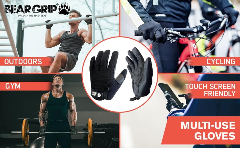 Рукавички для важкої атлетики BEAR GRIP з гелевими накладками (чорні, M) для фітнесу, бодібілдингу, кросфіту, велоспорту