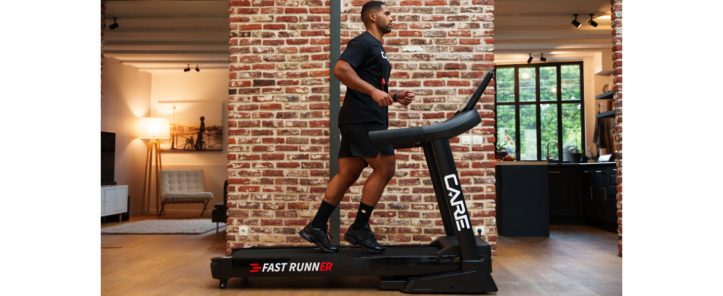 CARE FITNESS Fast Runner SP: Електричний біговий тренажер з регулюванням нахилу та складний - до 22 км/год, 20 рівнів нахилу, 57 програм, Kinomap